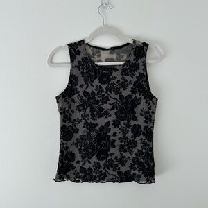 Floral Print Semi Sheer Tan Top in Black